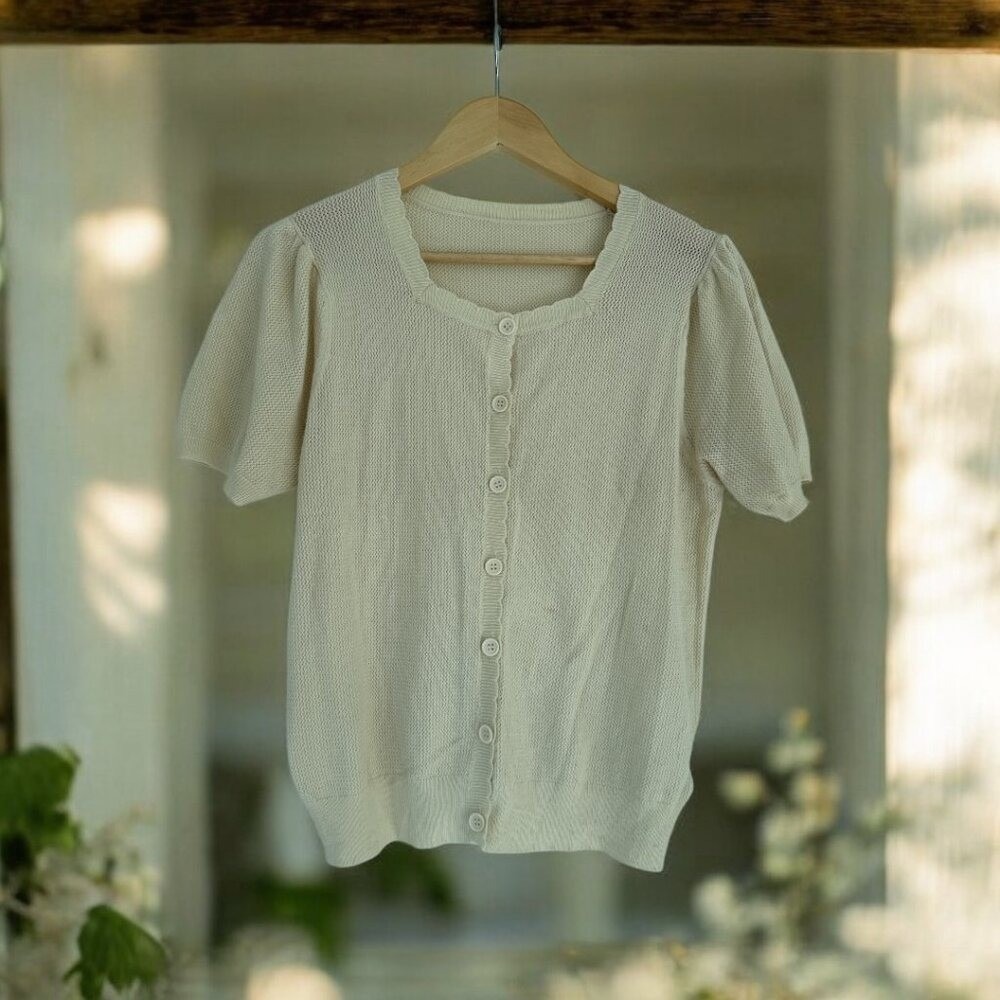 VTG Ivory Cream Short Sleeve Knit Cottagecore Cardigan L Gilmore Girls Fairycore - Picture 2 of 4